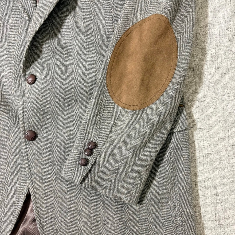 Pendleton Mens 44 Long Grey Herringbone Wool Western Blazer Elbow Patches Jacket - Picture 6 of 6